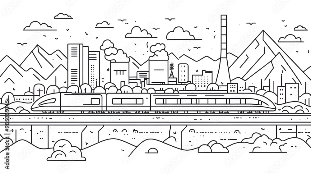 High Speed Train Speeding Through a Modernistic Urban Landscape with Power Plant High Speed Train Speeding Through a Modernistic Urban Landscape with Power Plant