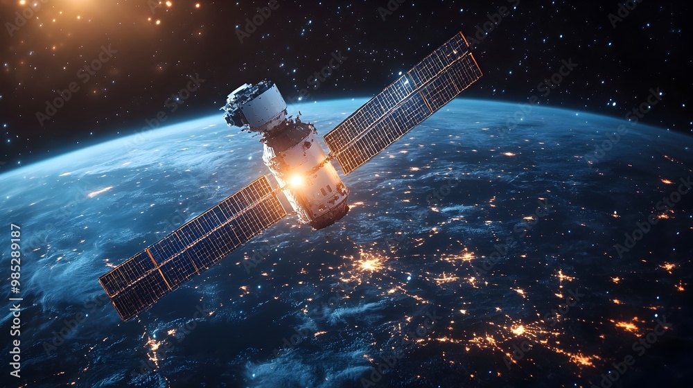 Illuminated Satellite Network Transmitting Digital Data Across Earth s Orbit Illuminated Satellite Network Transmitting Digital Data Across Earth s Orbit