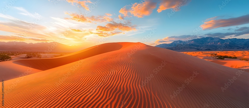 Mesmerizing Golden Sunset Over Vast Desert Sand Dunes with Rippling Patterns