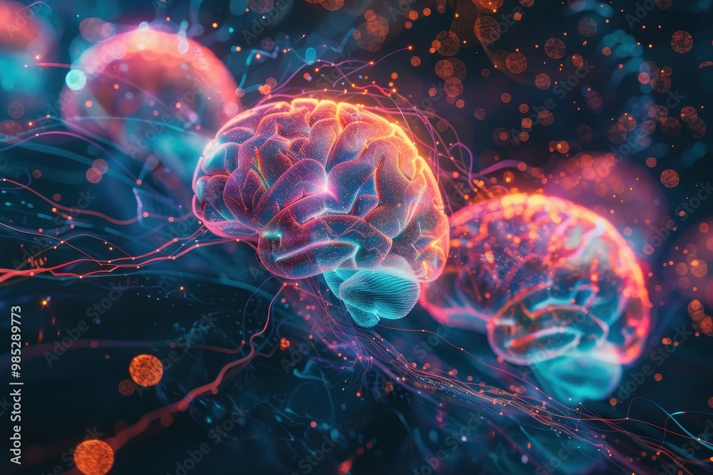Three colorful brains are floating in a sea of blue and red