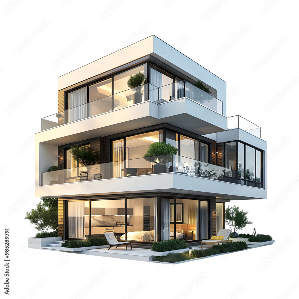 Modern 3D House Model with Two Stories, Balconies, and Floor-to-Ceiling Windows, Architectural Design for Real Estate Generated AI Modern 3D House Model with Two Stories, Balconies, and Floor-to-Ceiling Windows, Architectural Design for Real Estate Generated AI