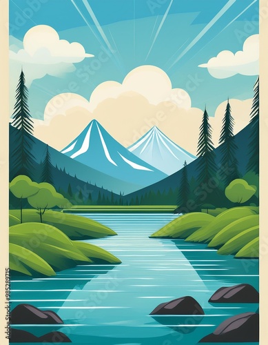 mountain illustration flat art design postcard, on the day over a calm river with soft color