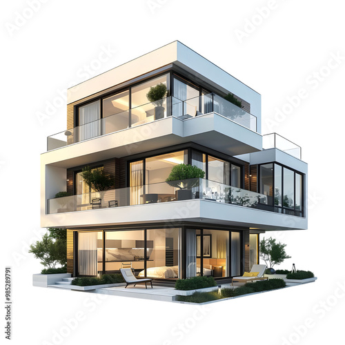 Modern 3D House Model with Two Stories, Balconies, and Floor-to-Ceiling Windows, Architectural Design for Real Estate Generated AI