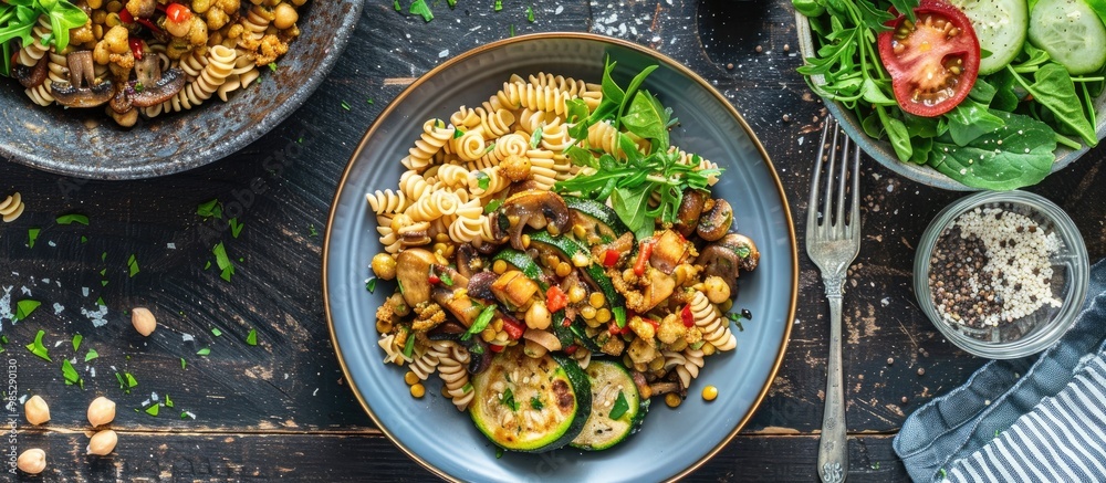 Risoni Pasta Lentil And Chickpea With Mushrooms Crispy Fried Courgette Fried Zucchini And Salad Risoni Pasta Lentil And Chickpea With Mushrooms Crispy Fried Courgette Fried Zucchini And Salad