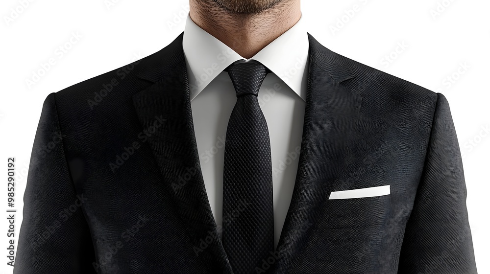 Sleek Black Suit with White Shirt and Tie on Minimalist White Background for Corporate Branding Sleek Black Suit with White Shirt and Tie on Minimalist White Background for Corporate Branding