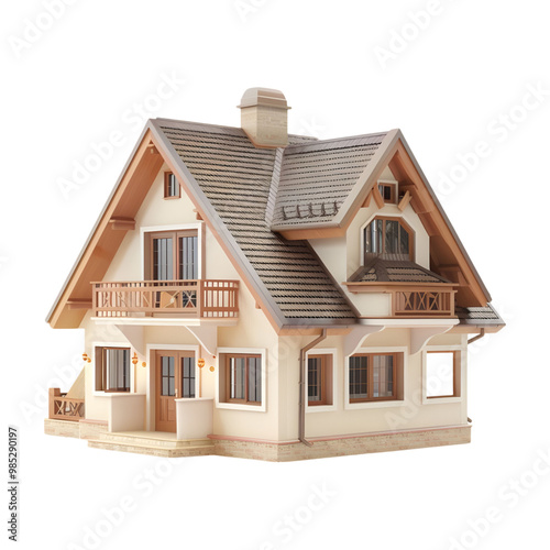 Two-Story 3D House Model with a Gable Roof and Chimney, Ideal for Real Estate Marketing, Property Listings, and Home Architecture Design Generated AI