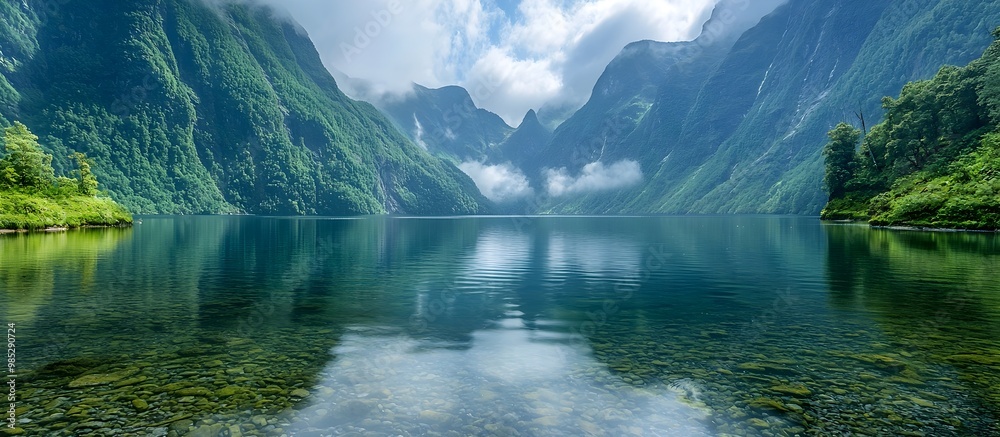 Fototapeta premium Tranquil Fjord with Towering Cliffs and Mirrored Mountain Reflections in Serene Landscape