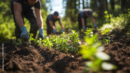 Planting Saplings in a Row - Photo