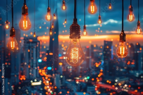 A cityscape with a single light bulb hanging from the ceiling