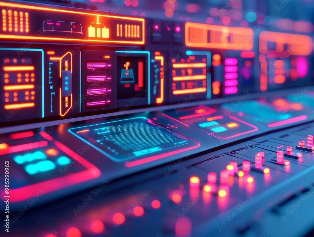 Futuristic control panel with glowing buttons and digital displays, creating a high-tech atmosphere for innovative projects. Futuristic control panel with glowing buttons and digital displays, creating a high-tech atmosphere for innovative projects.