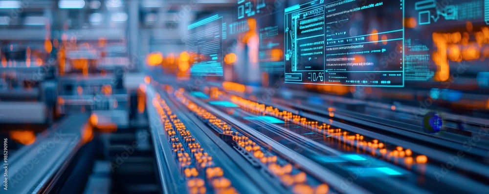 Futuristic technology interface with glowing blue and orange elements, displaying data information and code in a digital environment. Futuristic technology interface with glowing blue and orange elements, displaying data information and code in a digital environment.