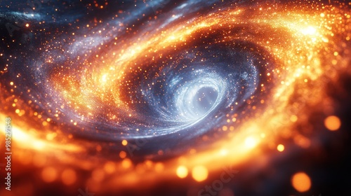 A swirling galaxy with vibrant colors and glowing particles.