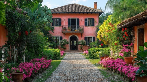 Charming pink house surrounded by vibrant gardens and flowers.