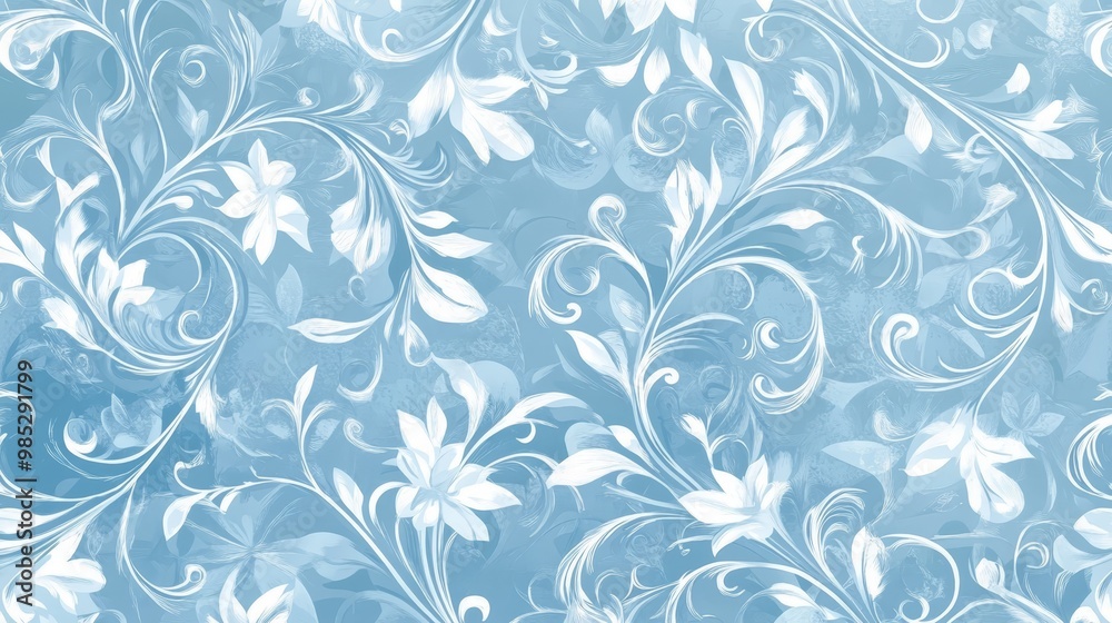 Blue Floral Pattern Background with White Swirls Blue Floral Pattern Background with White Swirls