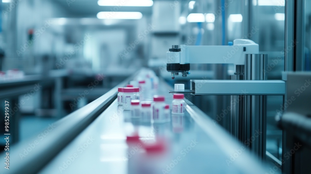 Fototapeta premium Automated production line with vials in a pharmaceutical manufacturing facility.