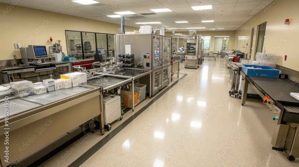 A clean, modern laboratory space with equipment for scientific research and production. A clean, modern laboratory space with equipment for scientific research and production.