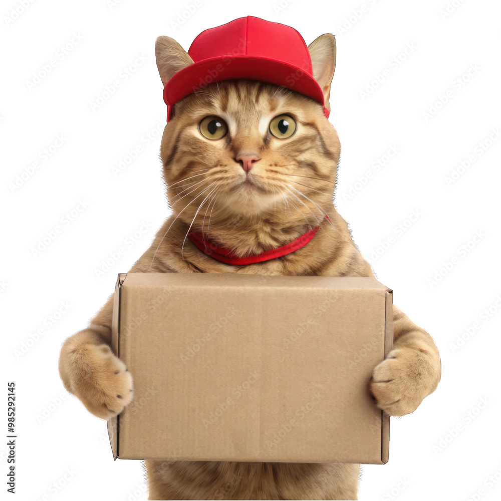 delivery post cat wearing red cap holding cardboard delivery post cat wearing red cap holding cardboard