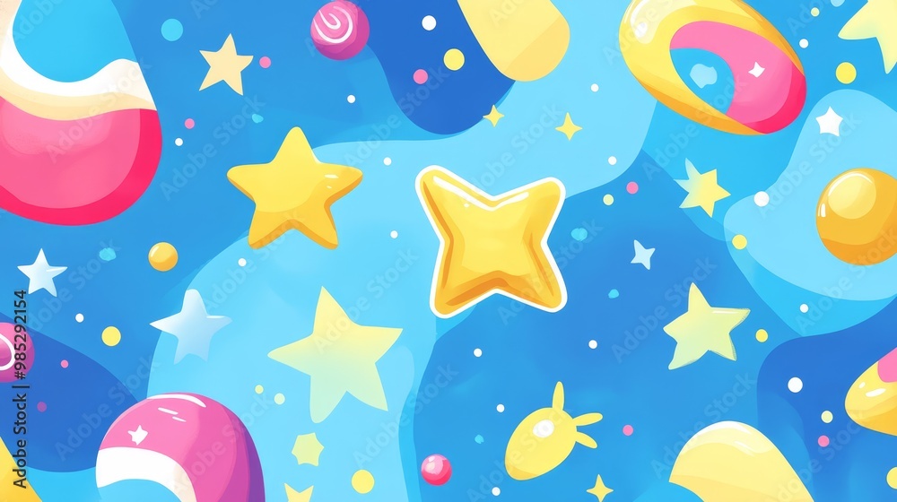 Abstract Blue Background with Stars and Colorful Shapes