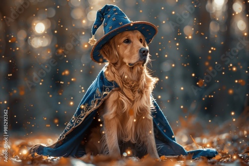 A dog is wearing a blue wizard hat and sitting on the ground photo