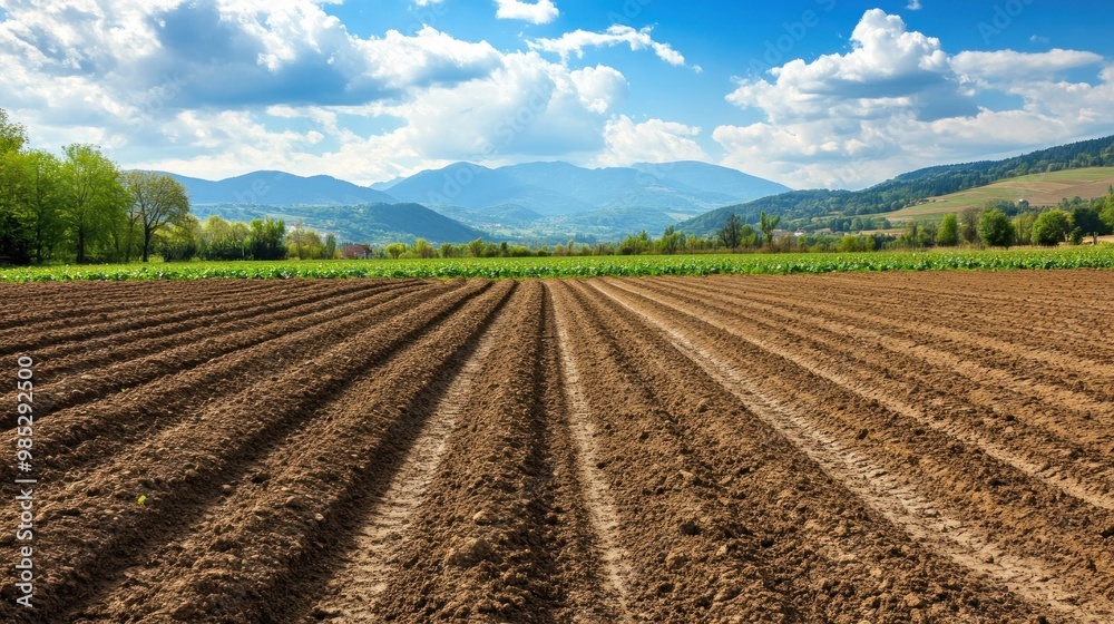 A scenic view of plowed farmland with mountains and clouds in the background. A scenic view of plowed farmland with mountains and clouds in the background.