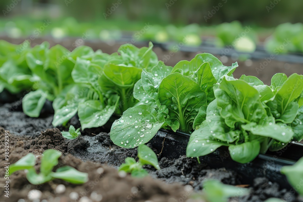 Efficient Drip Irrigation System in Organic Salad Garden - Close-up View Efficient Drip Irrigation System in Organic Salad Garden - Close-up View