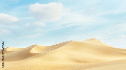 A serene desert landscape with rolling sand dunes under a blue sky.