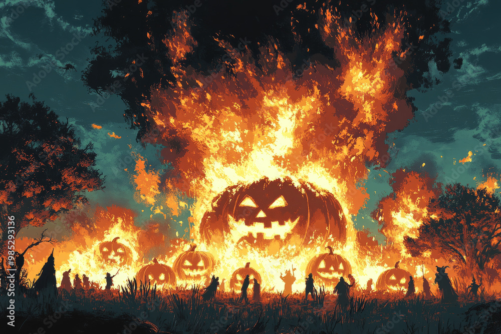 A group of people are standing in a field with a large pumpkin on fire A group of people are standing in a field with a large pumpkin on fire