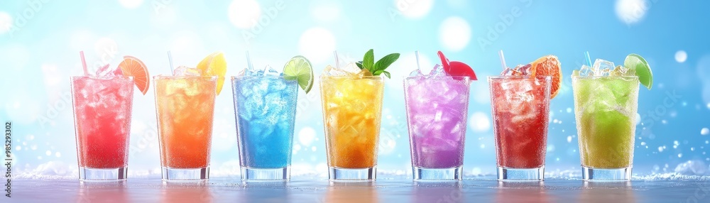 Colorful array of refreshing cocktails with ice, vibrant background. Colorful array of refreshing cocktails with ice, vibrant background.