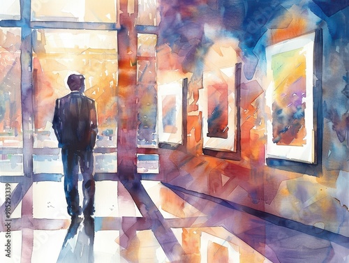 Watercolor painting of a man wearing a suit looking at various paintings in a painting exhibition.