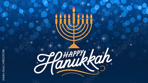 Happy Hanukkah with menorah and shining blue background illustration
