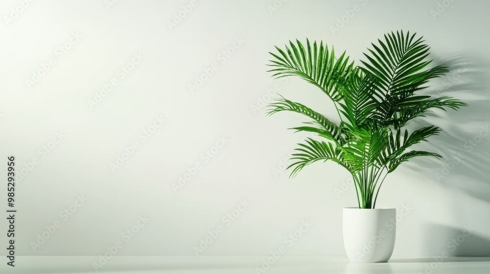 Green palm plant in a white pot against a minimalistic background.