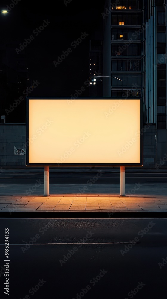 Illuminated blank billboard at night, urban setting, ready for advertisement. Illuminated blank billboard at night, urban setting, ready for advertisement.