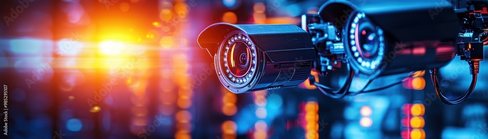 Surveillance camera with glowing lights, modern technology in security. Surveillance camera with glowing lights, modern technology in security.