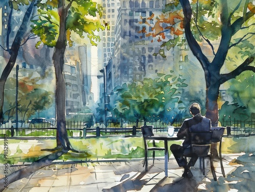 Watercolor painting of a businessman relaxing in a park.
