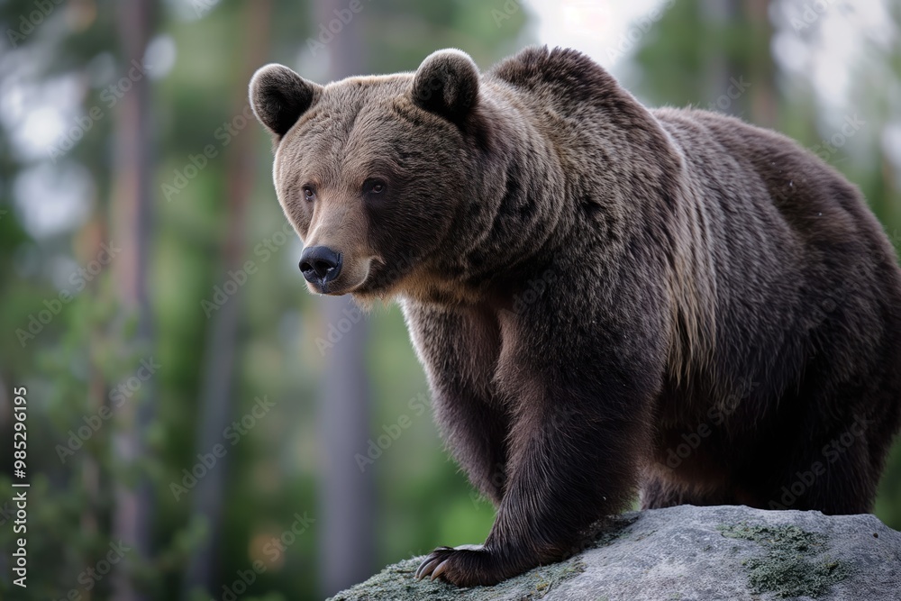 Grizzly bear sits on rock in Finnish forest. Furry creature with brown fur in natural environment. Plants surrounds bear, with blurred background. Forest landscape with trees and foliage. Grizzly bear sits on rock in Finnish forest. Furry creature with brown fur in natural environment. Plants surrounds bear, with blurred background. Forest landscape with trees and foliage.