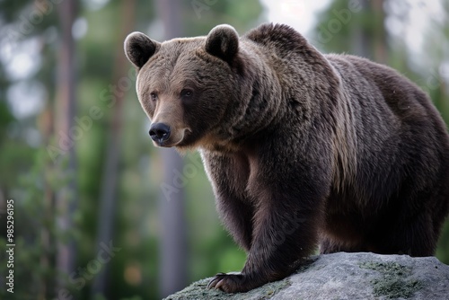 Wallpaper Mural Grizzly bear sits on rock in Finnish forest. Furry creature with brown fur in natural environment. Plants surrounds bear, with blurred background. Forest landscape with trees and foliage. Torontodigital.ca