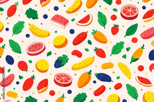 A playful pattern featuring various colorful fruits like watermelon, bananas, strawberries, and more, creating a fresh and vibrant design perfect for summer themes.