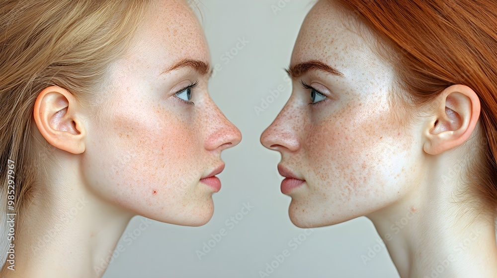 Side-by-side photos in a testimonial showing skin improvements after chemical exfoliation, with visible reduction of blackheads and clearer pores, Digital Rendering, Realistic Side-by-side photos in a testimonial showing skin improvements after chemical exfoliation, with visible reduction of blackheads and clearer pores, Digital Rendering, Realistic