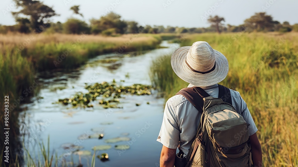 A Man Looking Out at a River in a Grassy Meadow A Man Looking Out at a River in a Grassy Meadow