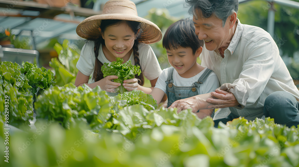 Several Asian farmers working together in a hydroponics system on a vegetable farm. In a greenhouse garden, grandparents teach their grandchildren how to grow and care for organic lettuce vegetables. Several Asian farmers working together in a hydroponics system on a vegetable farm. In a greenhouse garden, grandparents teach their grandchildren how to grow and care for organic lettuce vegetables.