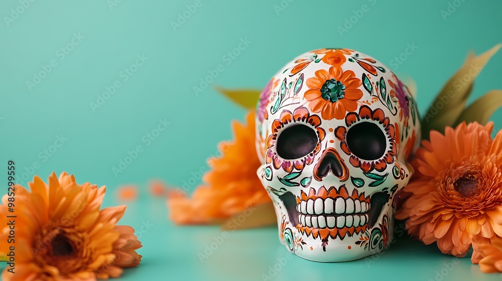 A white sugar skull decorated with orange, green, and purple flowers lies on a teal background, surrounded by orange gerbera daisies.