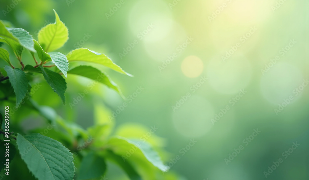 Fototapeta premium Spring, autumn background. Branch with green leaves on blur and bokeh background with golden sun light. AI generated.