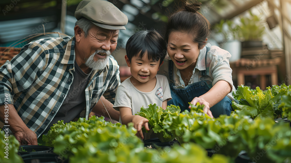 Several Asian farmers working together in a hydroponics system on a vegetable farm. In a greenhouse garden, grandparents teach their grandchildren how to grow and care for organic lettuce vegetables. Several Asian farmers working together in a hydroponics system on a vegetable farm. In a greenhouse garden, grandparents teach their grandchildren how to grow and care for organic lettuce vegetables.