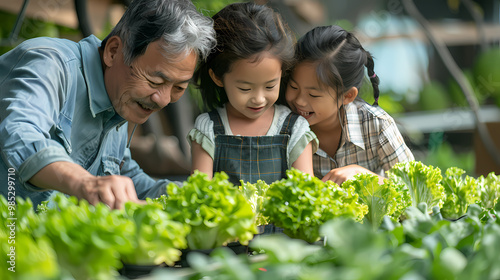 Several Asian farmers working together in a hydroponics system on a vegetable farm. In a greenhouse garden, grandparents teach their grandchildren how to grow and care for organic lettuce vegetables.