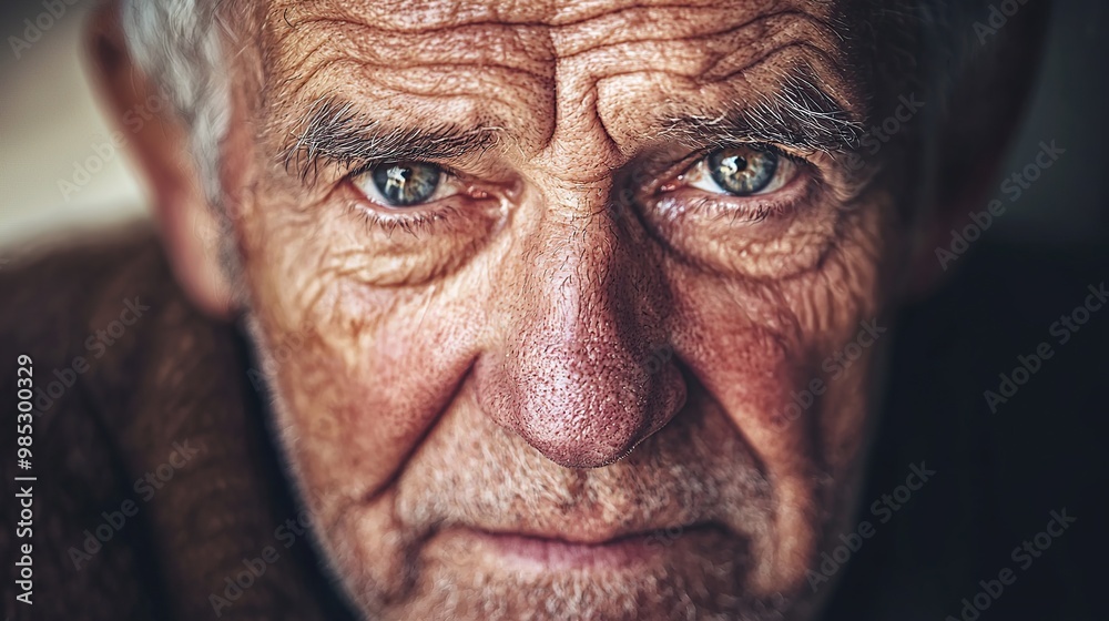 Close-up portrait of an elderly man with wrinkles and deep-set eyes. Close-up portrait of an elderly man with wrinkles and deep-set eyes.