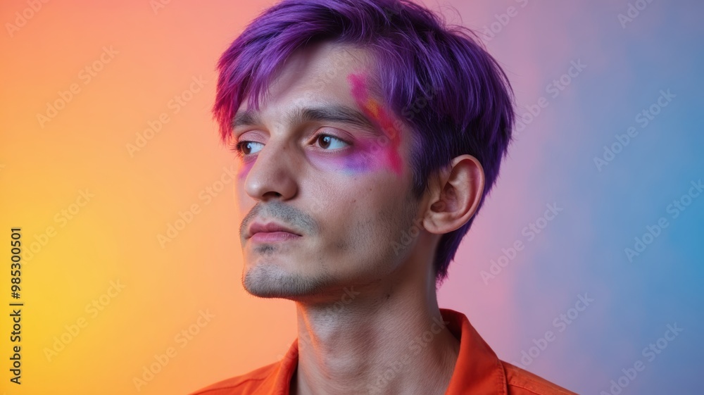 Young nonbinary man with purple hair and colorful face paint against a vibrant gradient background. Young nonbinary man with purple hair and colorful face paint against a vibrant gradient background.