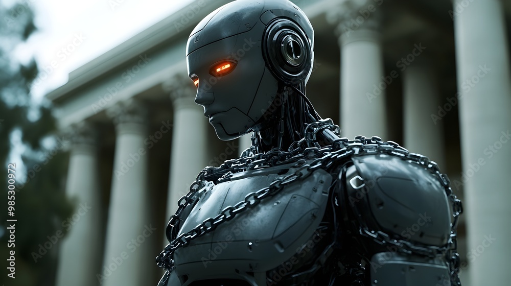 An AI robot encircled by chains of justice, each link symbolizing a distinct ethical code close up, legal ethics, vibrant, overlay, courtroom backdrop An AI robot encircled by chains of justice, each link symbolizing a distinct ethical code close up, legal ethics, vibrant, overlay, courtroom backdrop