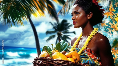 Close-Up Half body of a Fijian woman in a traditional sulu, holding a basket of tropical fruits, with palm trees and ocean waves behind her. Cultural Portrait and Graphic Surrealism photo