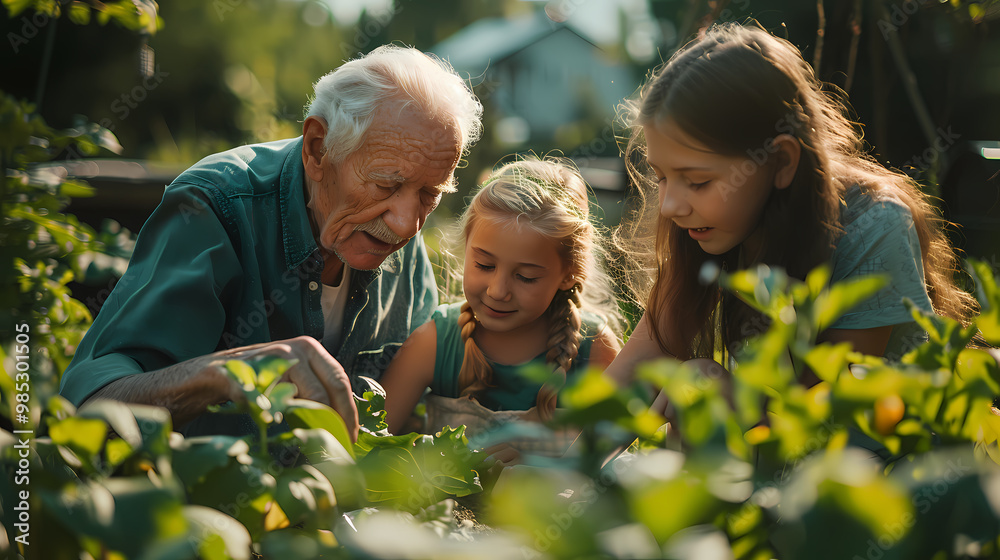Fototapeta premium Grandparents and granddaughter gardening in the backyard