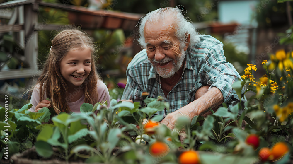 Grandparents and granddaughter gardening in the backyard